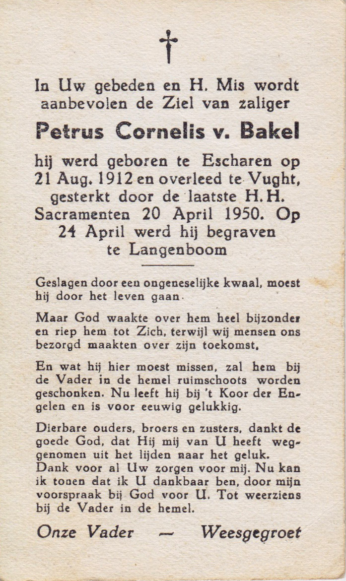 Bidprentje Petrus Cornelisvan Bakel