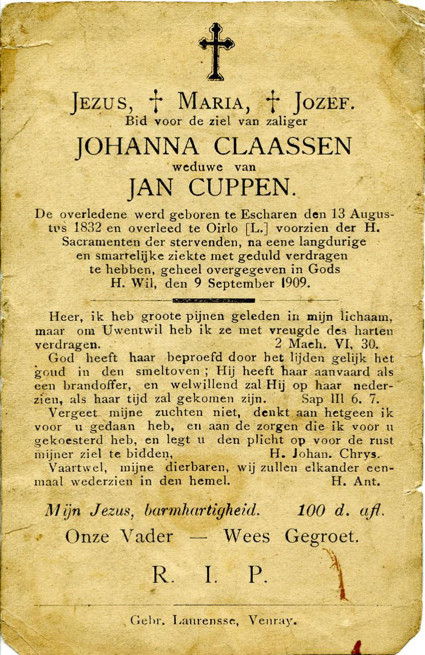 Bidprentje Johanna Claassen