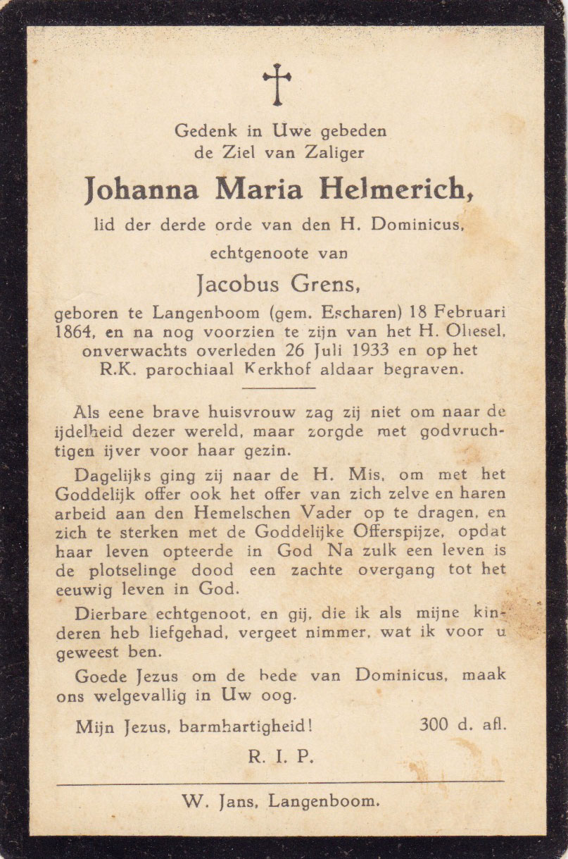 Bidprentje Johanna Maria Helmerich