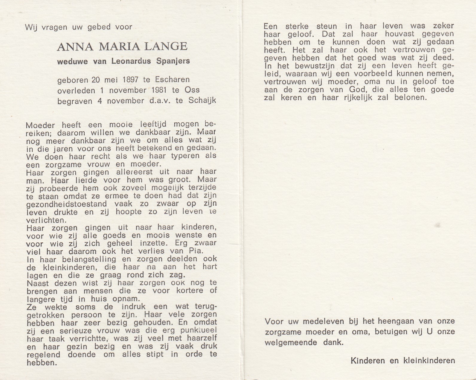 Bidprentje Anna Maria Lange