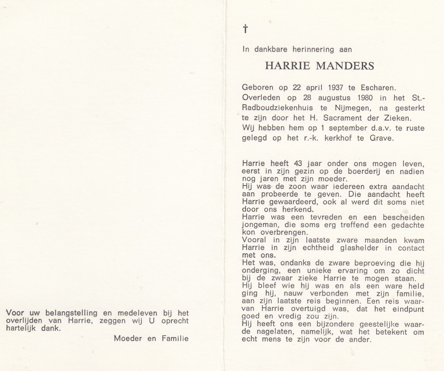 Bidprentje Harrie Manders