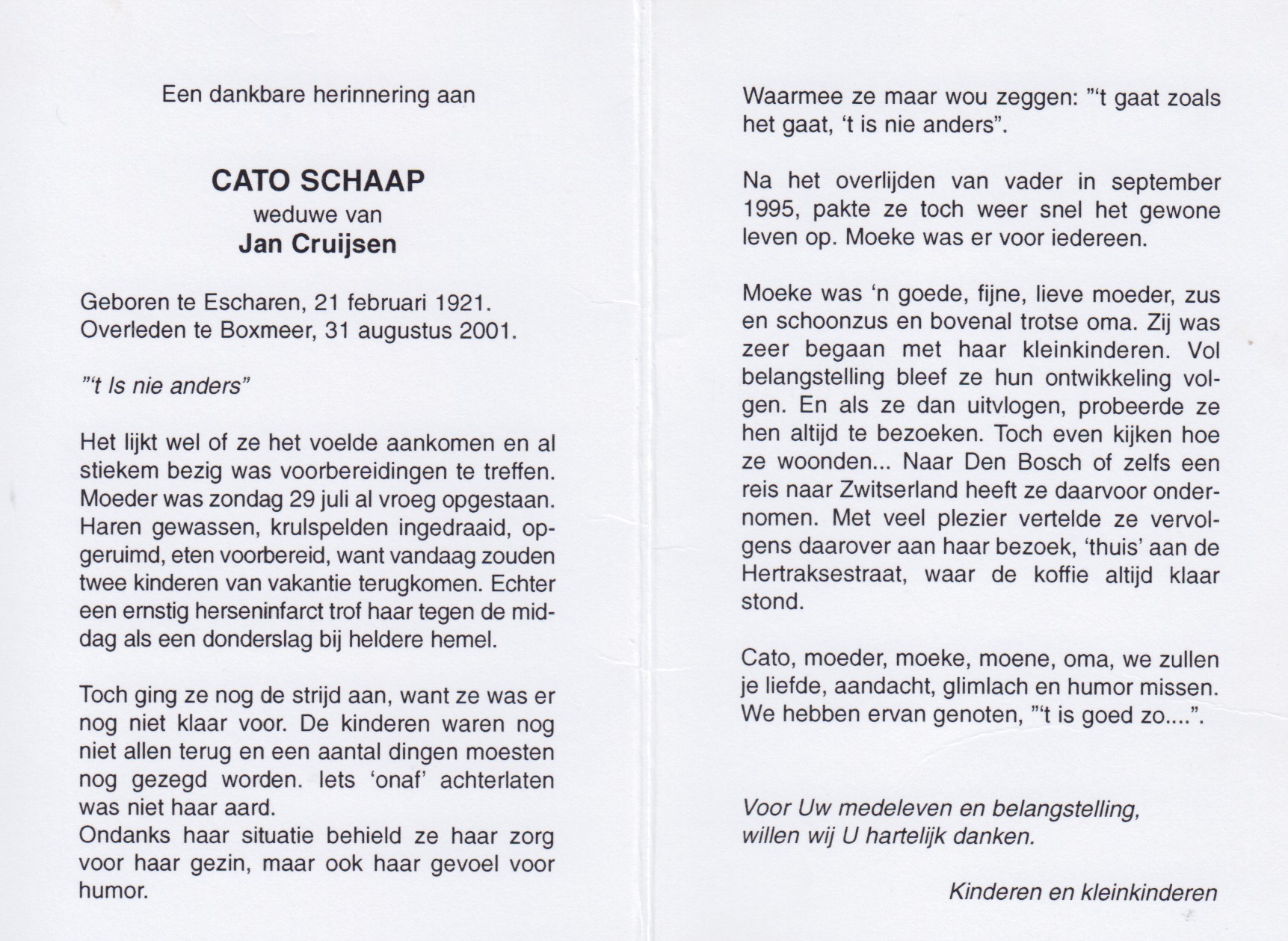 Bidprentje Cato Schaap