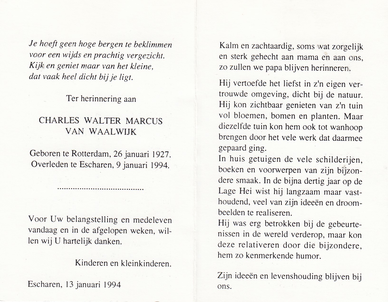 Bidprentje Charles Walter Marcusvan Waalwijk