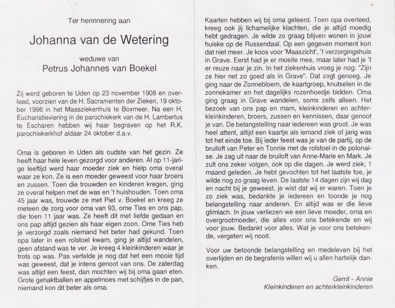 Bidprentje Johannavan de Wetering